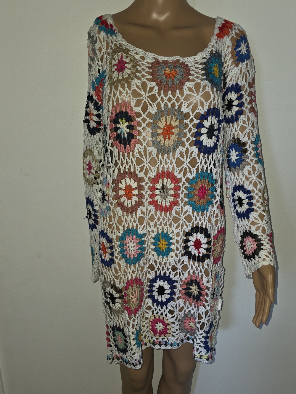 Nasty Gal White Crochet Mini Dress with Multicolor Flower Motifs Size M/L